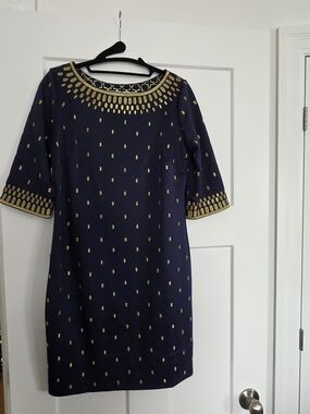 Gretchen Scott Designs Navy and Gold Embroidered Shift Dress